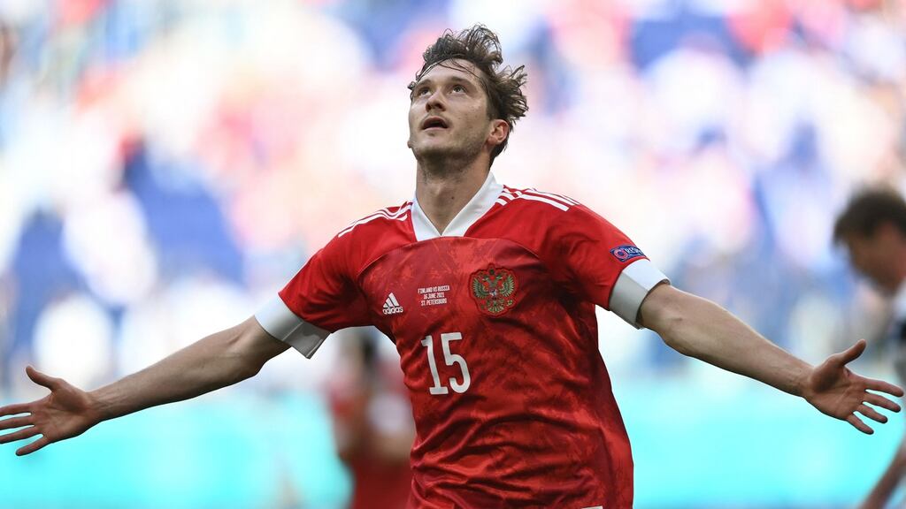 Russia’s Aleksey Miranchuk celebrates after scoring his side’s winner against Finland. Photograph: Kirill Kudryavtsev/Getty/AFP
