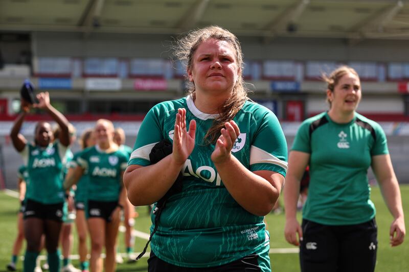 Ireland's Ellena Perry applauds the fans after the game against Canada. Photograph: INPHO/ Ben Brady