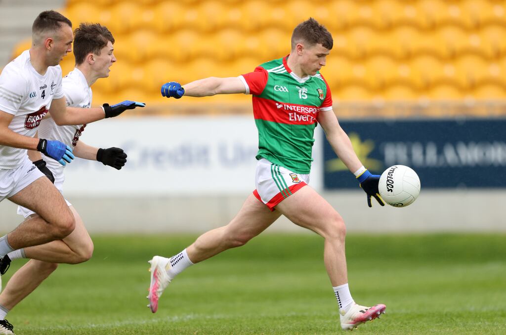 Mayo's Niall Hurley score his side’s first goal of the game in the Electric Ireland GAA Football All-Ireland MFC quarter-final against Kildare at Bord na Móna O'Connor Park in Tullamore. Photograph: Tom Maher/Inpho