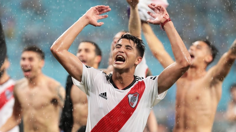 Gonzalo Martinez celebrates after River Plate reached the Copa Libertadores final after victory over Gremio. Photograph: Silvio Avila/EPA