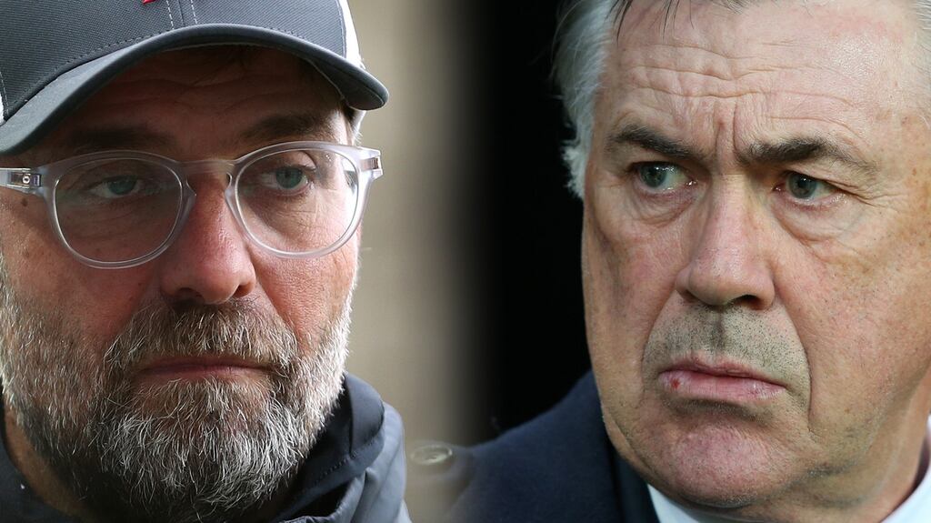 Liverpool manager Jürgen Klopp and Everton manager Carlo Ancelotti. Photographs: Catherine Ivill, Alex Livesey/Getty Images
