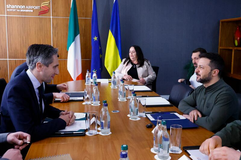 Taoiseach Simon Harris and Ukrainian president Volodymyr Zelenskiy at Shannon Airport, Co Clare. Photograph: Clodagh Kilcoyne/PA