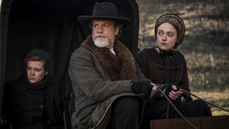 Jack Hollington, William Houston and Dakota Fanning in ‘Brimstone’