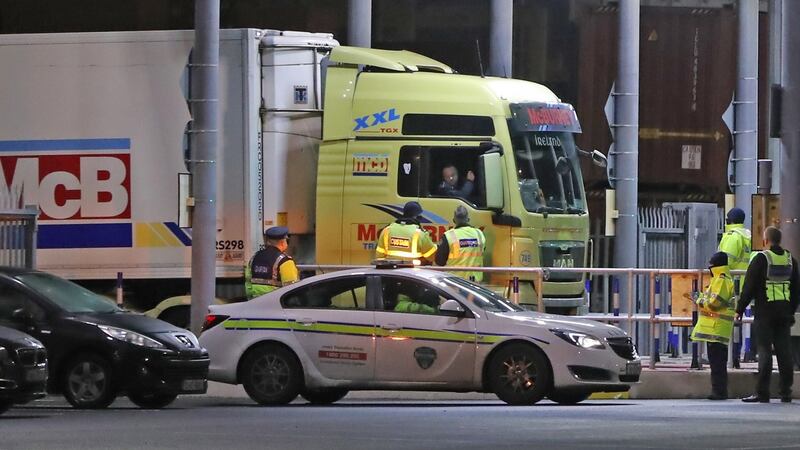The first truck to arrive from Wales in the UK under new Post Brexit Irish Sea trading arrangements is checked at a customs post at Dublin Port. Photograph: Niall Carson/PA