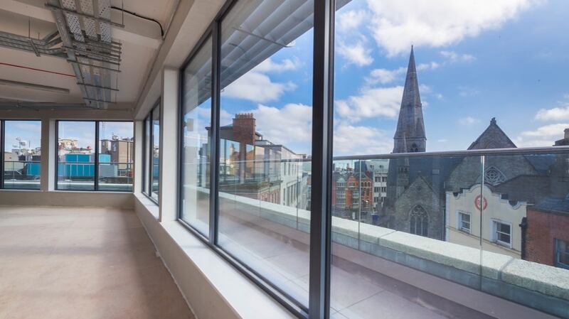 The view from the penthouse of the refurbished office building at Trinity Street in Dublin 2, redeveloped by Francis Rhatigan for about €3.5 million.
