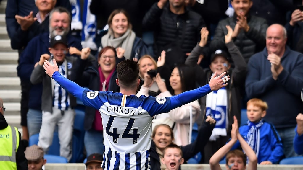 Ireland under-21 international Aaron Connolly celebrates after he scores his second goal for Brighton against Tottenham. Photograph: Glyn Kirk/AFP via Getty Images