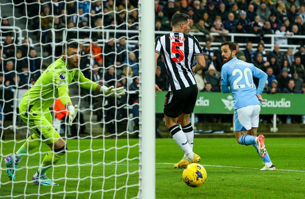 Manchester City's Bernardo Silva scores the opening goal against Newcastle United in January 2024 in Newcastle upon Tyne. Photograph: Alex Dodd/CameraSport via Getty Images