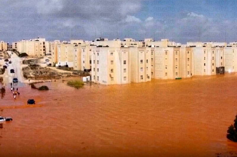 Flooded streets in Marj, Libya. Photograph: Libya Almasar TV/AP