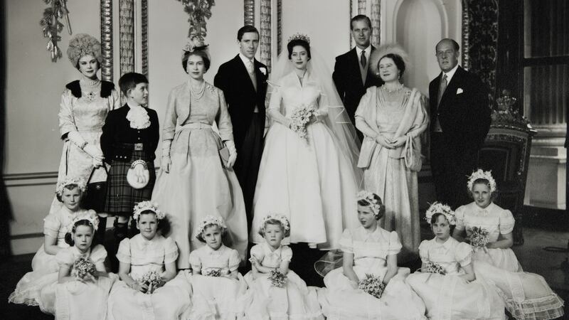 Victor Stiebel ensemble worn by Anne Countess of Rosse, far left, at the marriage of her son Antony Armstrong-Jones to Princess Margaret, Westminster Abbey 1960.