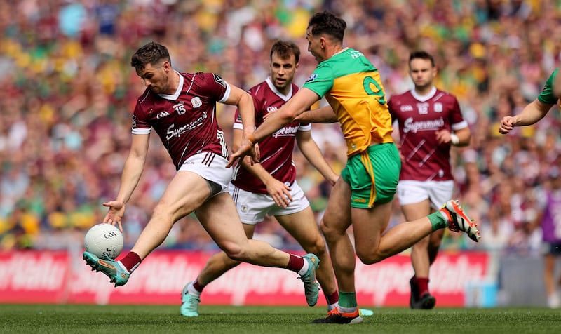 Donegal’s Michael Langan and Shane Walsh of Galway in action during the All-Ireland SFC semi-final. Photograph: Ryan Byrne/Inpho