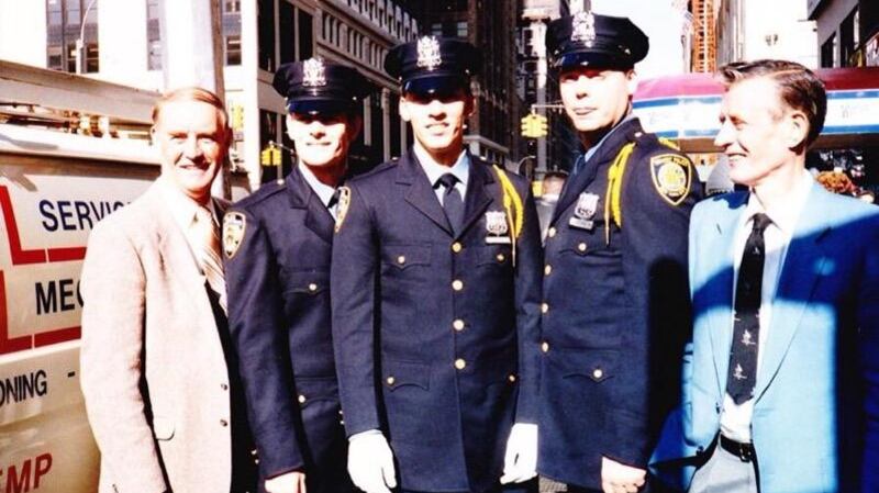 Dermot Shea's graduation from the police academy in April 1991. The picture shows (from left): Dermot's uncle Patrick; his brother Jim; Dermot himself; his cousin Chris; and his father, Richard.