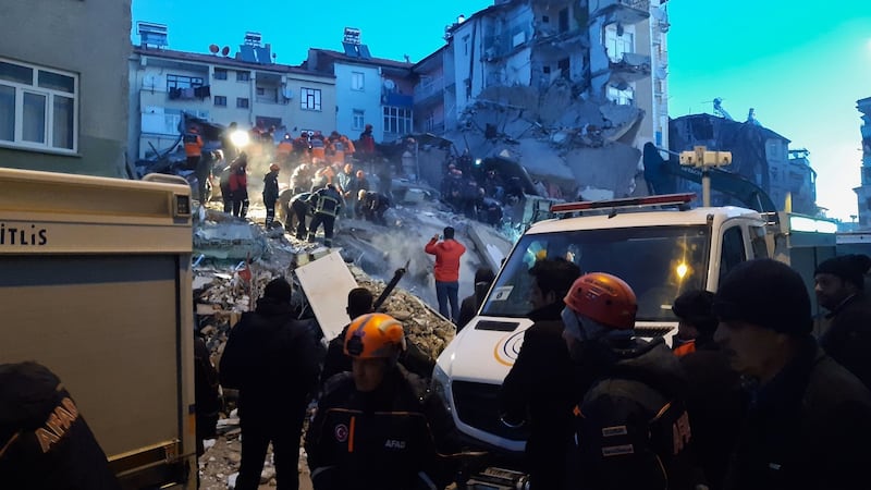 Turkish officials and police work at the scene of a collapsed building following a 6.8 magnitude earthquake in Elazig, eastern Turkey on January 25th, 2020. Photograph: Ali Haydar Gozlu/AFP/Getty Images