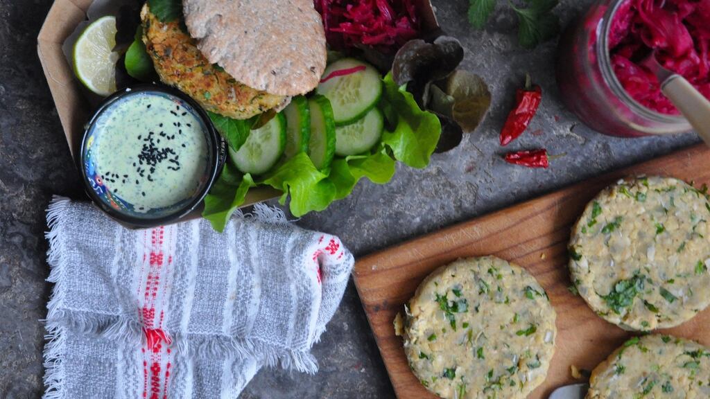 Chola tikki with turmeric and coriander yogurt