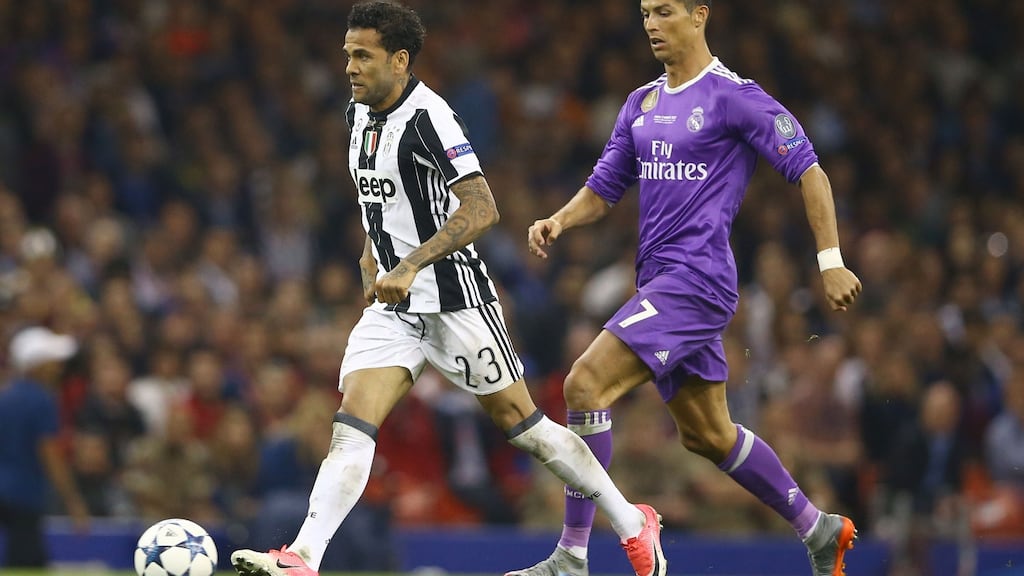 Daniel Alves of Juventus and Cristiano Ronaldo of Real Madrid during the Champions League final in Cardiff, Wales. Photograph: Matteo Ciambelli/NurPhoto/Getty Images