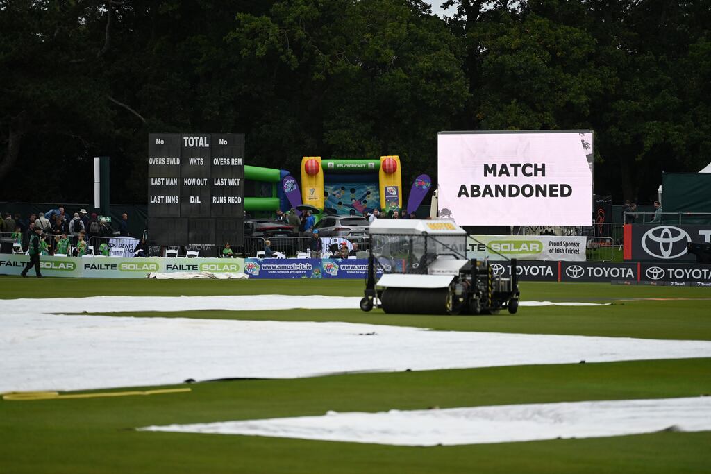 The scoreboard displays Match Abandoned during the second T20 Interantional match between Ireland and England at Malahide Cricket Club. Photograph: Gareth Copley/Getty