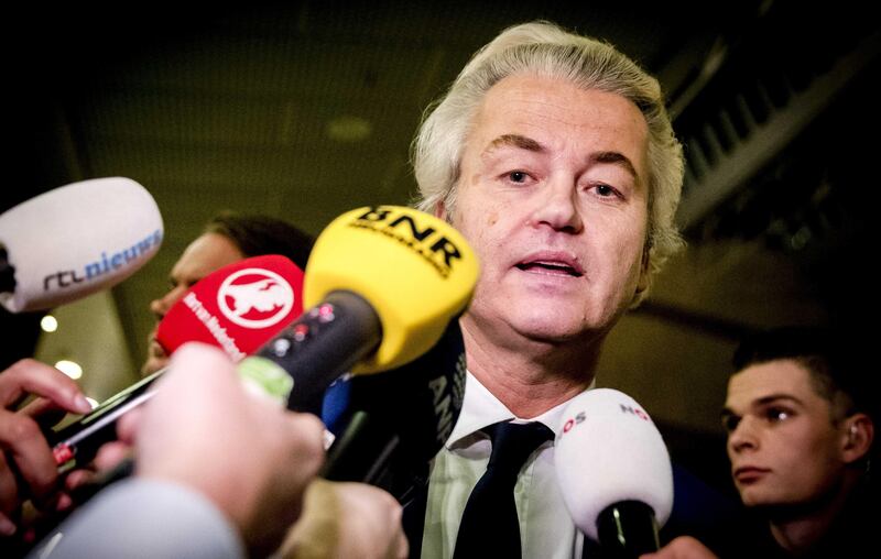 Leader of the Party for Freedom (PVV), Geert Wilders reacts on the election results in The Hague, The Netherlands, on Thursday morning. According to initial exit polls in the Dutch. Photograph: EPA