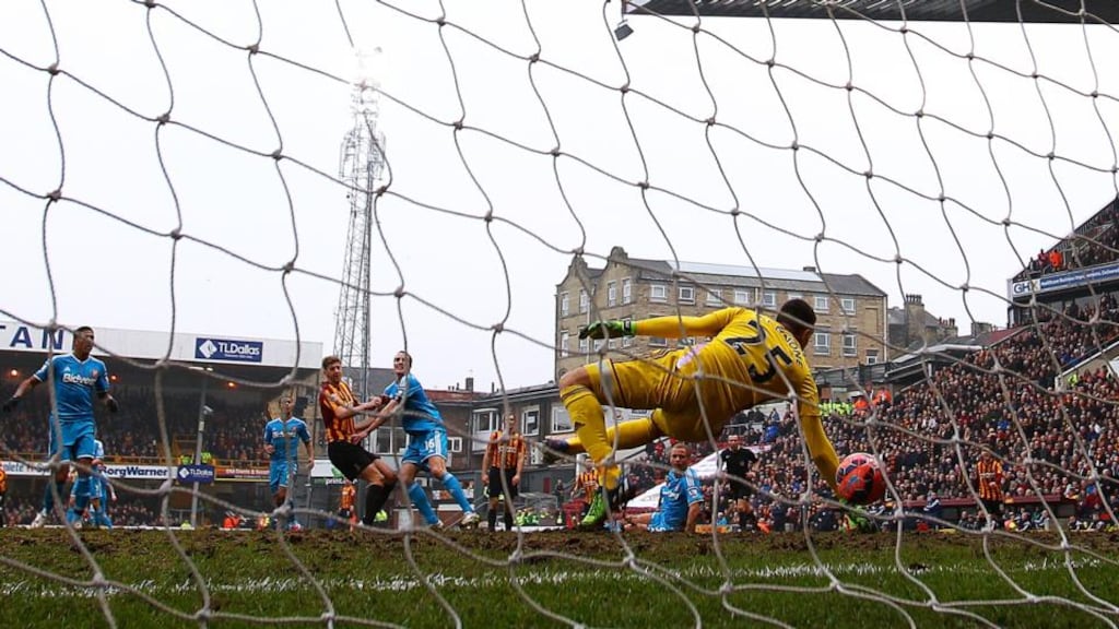 Jon Stead scores Bradford’s second goal in their FA Cup fifth-round clash against Sunderland at Valley Parade. Photograph: Clive Brunskill/Getty Images
