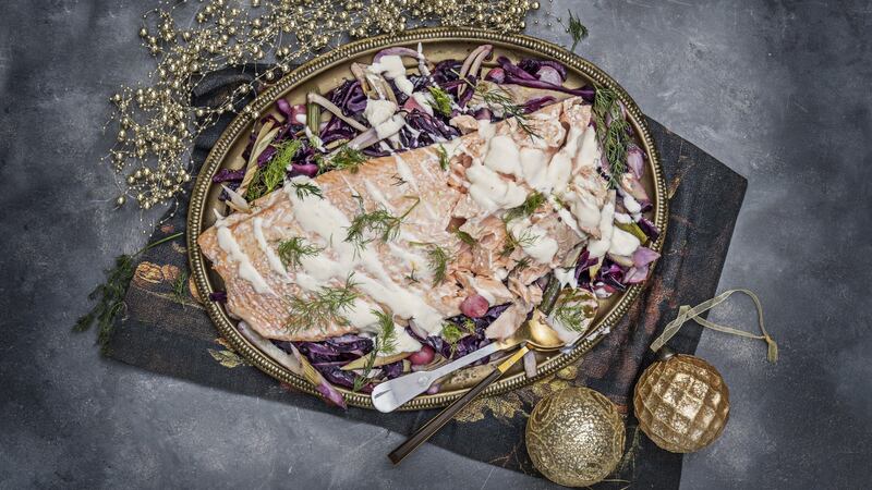 Baked salmon, warm red cabbage, fennel and Pernod crème fraiche