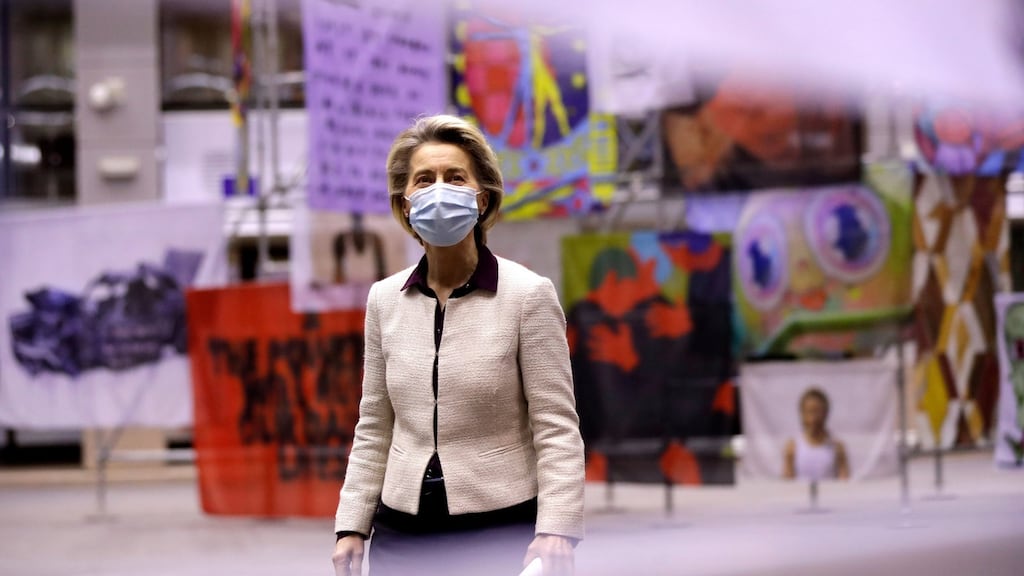 European Commission president Ursula von der Leyen: The bulk of staff are working from home. Many decisions are adopted by written procedure and decisions are “adopted” if commission members do not request changes or object within a set time period. Photograph: Olivier Hoslet