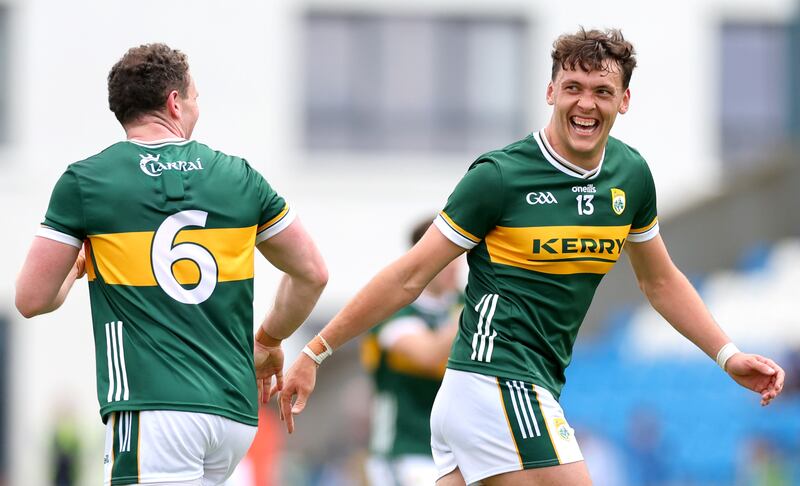 Kerry’s Tadhg Morley celebrates scoring his sides second goal with David Clifford. Photograph: James Crombie/Inpho