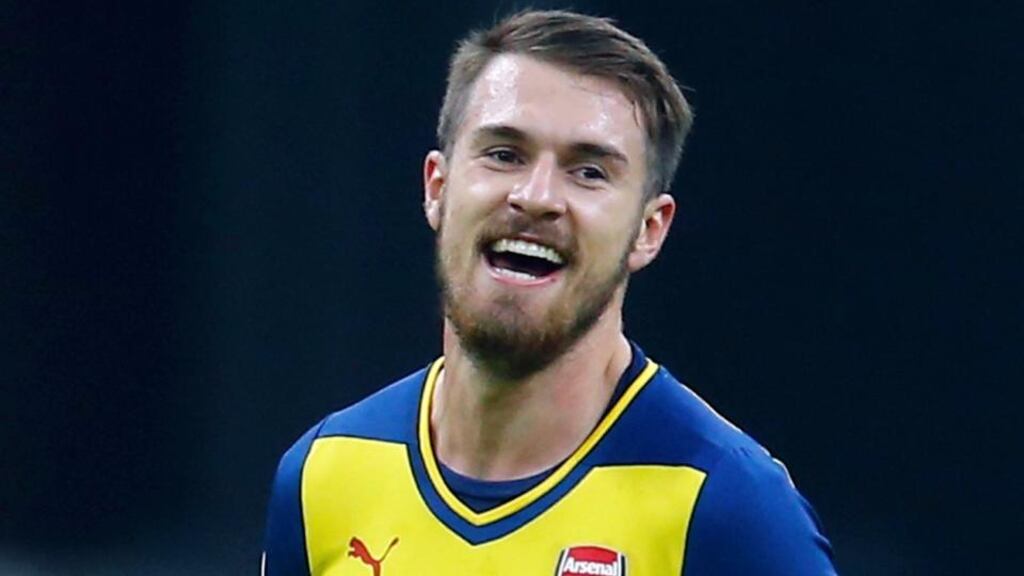 Arsenal’s Aaron Ramsey celebrates his second goal against Galatasaray during their Champions League Group D match. Photograph: Murad Sezer/Reuters