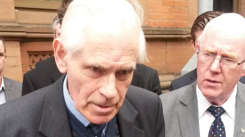 Malachi McDonald, widower of Elizabeth McDonald, speaks to the waiting media outside Belfast Coroner’s Court after a preliminary hearing for a new inquest into their deaths today. Photograph: David Young/PA Wire