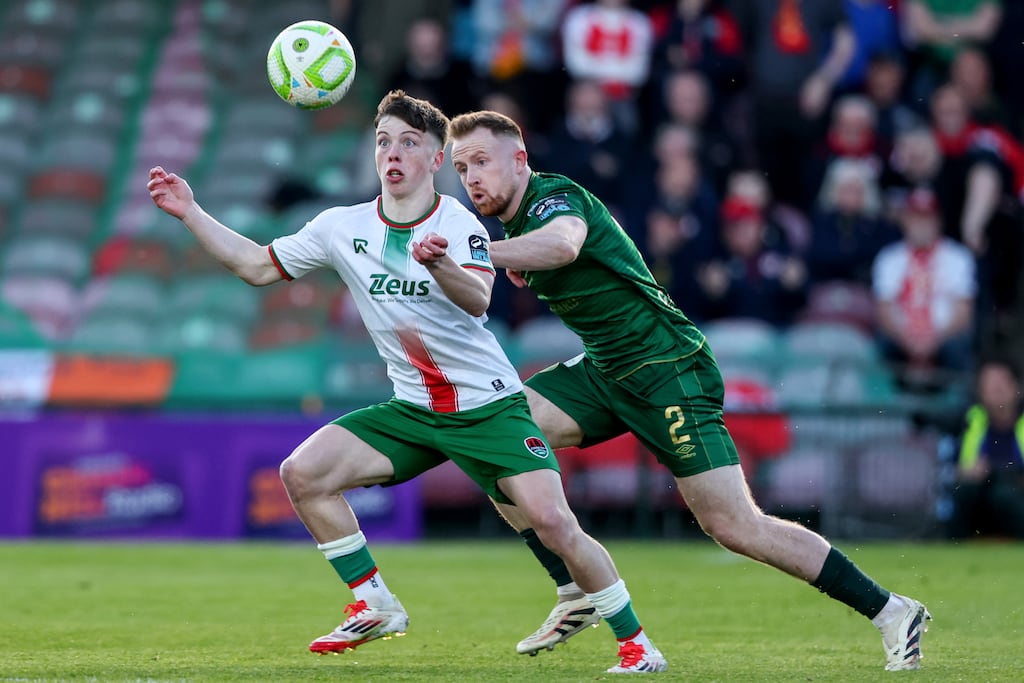 Cork City's Cathal O'Sullivan with Sean Hoare of St Patrick's Athletic. Photograph: Ben Brady/Inpho