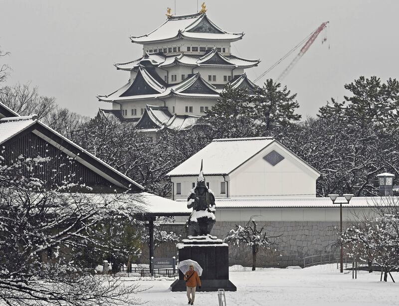 Nagoya castle is covered with snow on a winter day in Nagoya, central Japan. Photograph: Kyodo News/AP