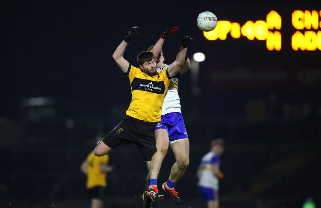 St Eunan's Darragh Mulgrew challenges Peter Harte of Errigal Ciaran for a high ball in the Ulster club SFC clash at Healy Park. Ulster is the only province without standout favourites. Photograph: Leah Scholes/Inpho