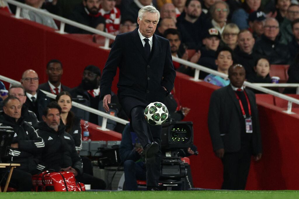 Real Madrid manager Carlo Ancelotti during the Champions League quarter-final first leg match against Arsenal at the Emirates Stadium, London, on April 8th, 2025. Photgraph: Adrian Dennis/AFP