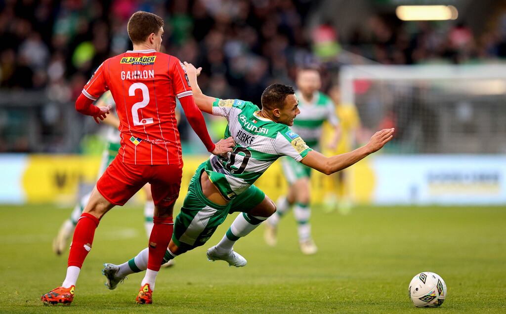 Graham Burke of Shamrock Rovers and Shelbourne's Sean Gannon in action at Tallaght Stadium last May. Photograph: Ryan Byrne/Inpho