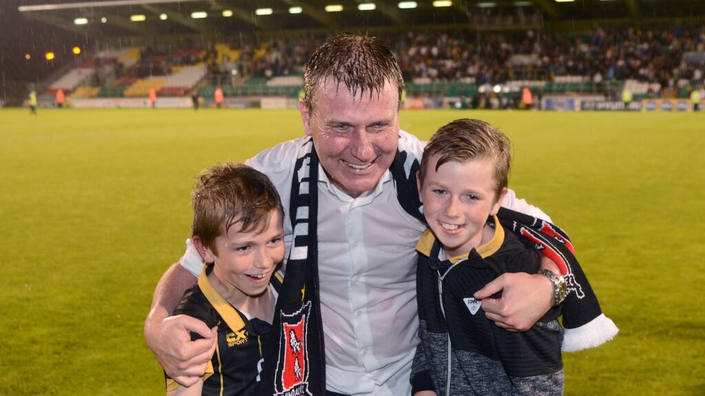 Dundalk’s Manager Stephen Kenny celebrates after his team beat BATE Borisov to reach the Champions League playoffs. Photo: Inpho