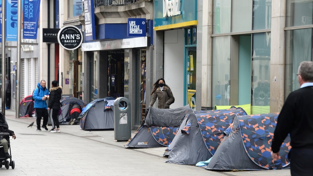 Tents owned by people sleeping rough line Mary Street in Dublin city centre. Photograph: Dara Mac Dónaill