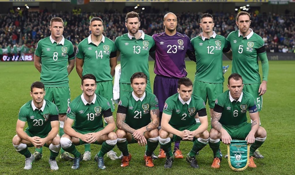 Back row left-right) Republic of Ireland's James McCarthy, Jonathan Walters, Daryl Murphy, Darren Randolph, Ciaran Clark, Richard Keogh, (Bottom Row L - R) Wes Hoolahan, Robert Brady, Jeff Hendrick, Seamus Coleman and Glenn Whelan pose for a team group photo during the UEFA Euro 2016 Qualifying Playoff second leg at the Aviva Stadium. Photograph: Martin Rickett/PA