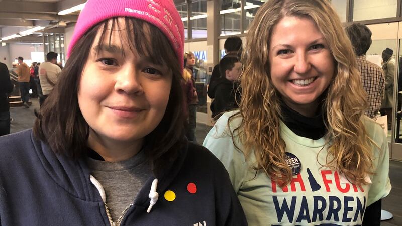 Katie Pastora (left) and Devon Taylor (right) pictured at Elizabeth Warren event at Manchester community College in New Hampshire on Saturday