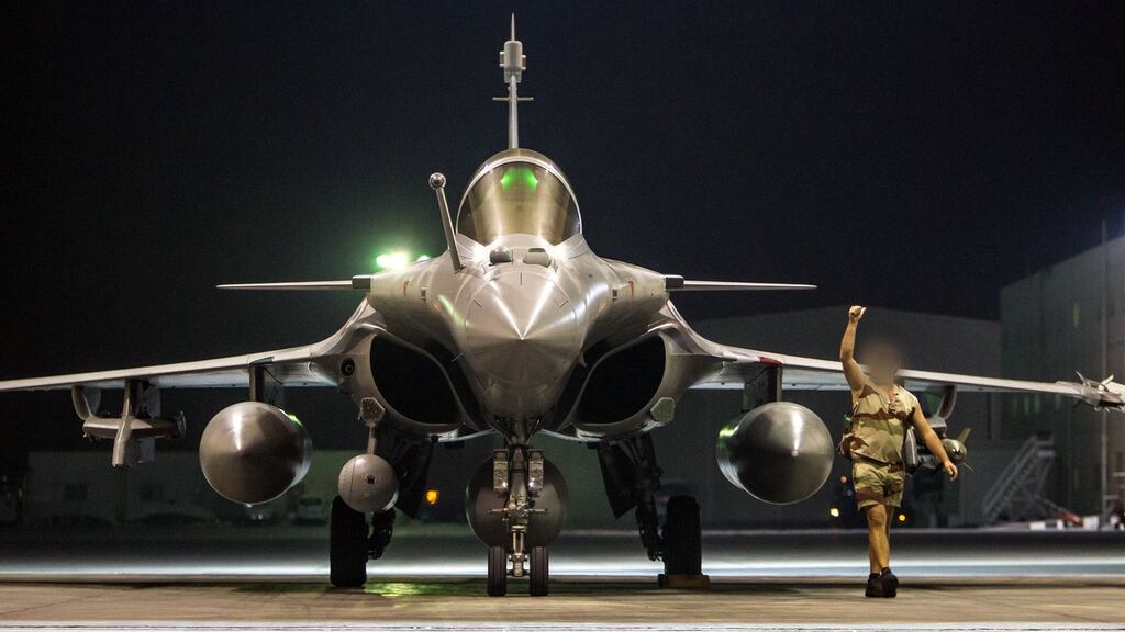 A French army Rafale fighter before taking off from a base in The Gulf for Syria as part of France’s Operation Chammal launched in September 2015 in support of the US-led coalition against Islamic State. Photograph: AFP