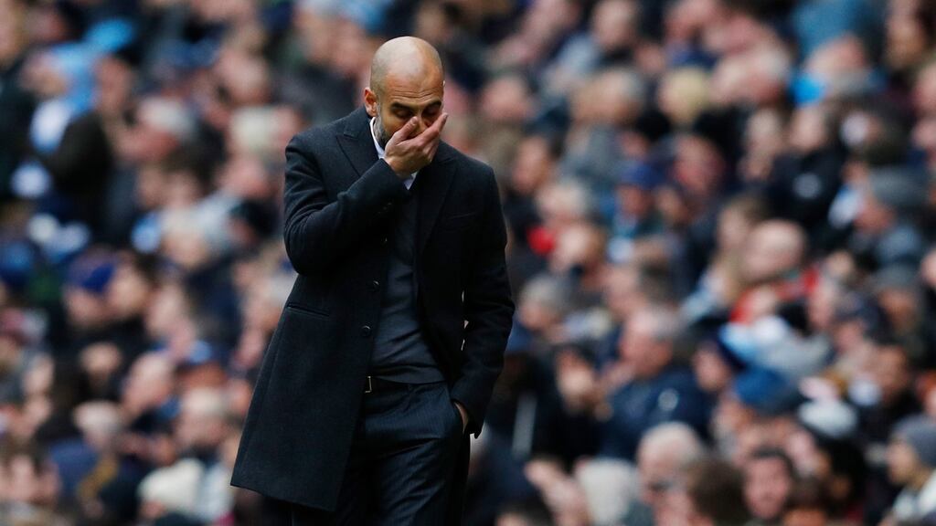 Pep Guardiola: The Manchester City manager reacts to a play during Saturday’s Premier League match against Chelsea. Photograph: Reuters/Phil Noble Livepic