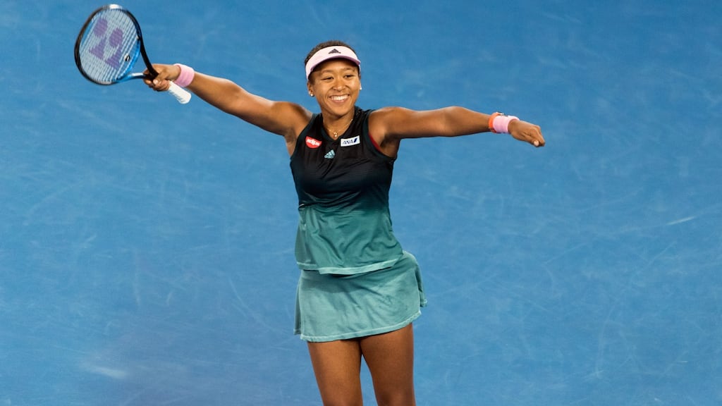 Naomi Osaka of Japan celebrates her victory over Karolina Pliskova at the Australian Open in Melbourne. Osaka won, 6-2, 4-6, 6-4. Photograph: Asanka Brendon Ratnayake/The New York Times)
