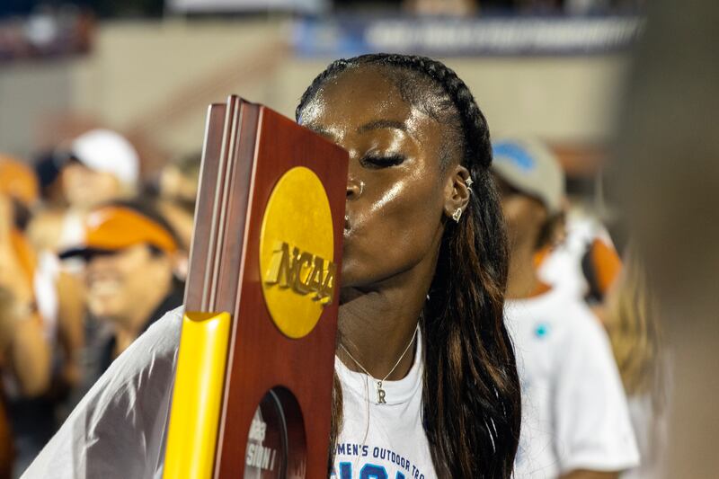 'I’m not losing on my track, baby.' Rhasidat Adeleke celebrates her win for Texas University at the NCAAs in Austin in June.  Photograph: Stephen Spellman/INPHO