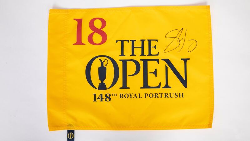 Shane Lowry’s souvenir flag from the 18th hole at Royal Portrush, signed by the Open Championship winner.Photograph: SON Photographic Ltd T/A Coalesce/PA Wire