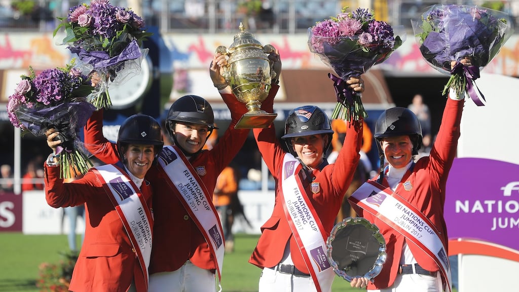 USA’s Laura Kraut, Lillie Keenan, Lauren Hough and Beezie Madden celebrate winning the Nations’ Cup. Photograph: Inpho/Lorraine O’Sullivan