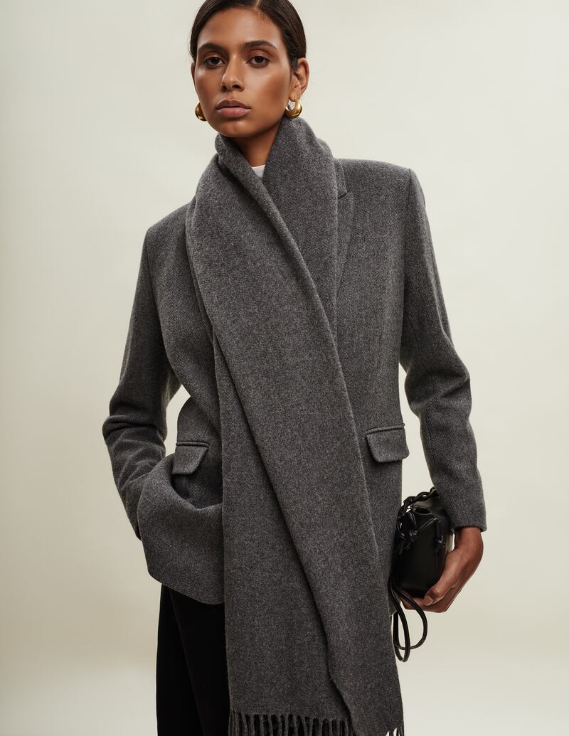 Landskein: Blazer (€690) worn with grey cocoon scarf (€150)