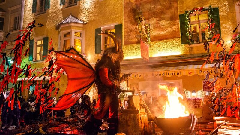 Alpine regions: Krampus is a part-demon-part-goat devil-like figure with origins in pagan celebrations of the winter solstice