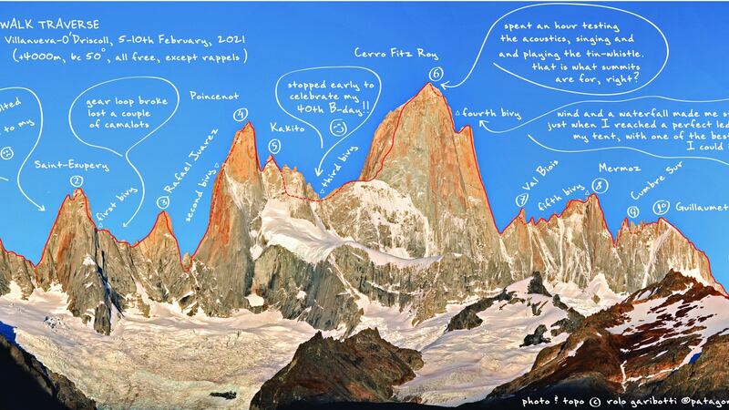 Climbing from south to north, Sean Villanueva O’Driscoll summited all 10 peaks, naming his climb ‘The Moonwalk Traverse’.