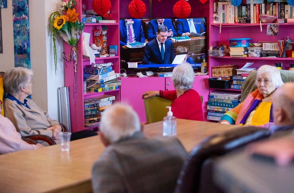 Pensioners watch the budget on TV at the Elphin Day Centre in Co Roscommon. Photograph: Tom O'Hanlon