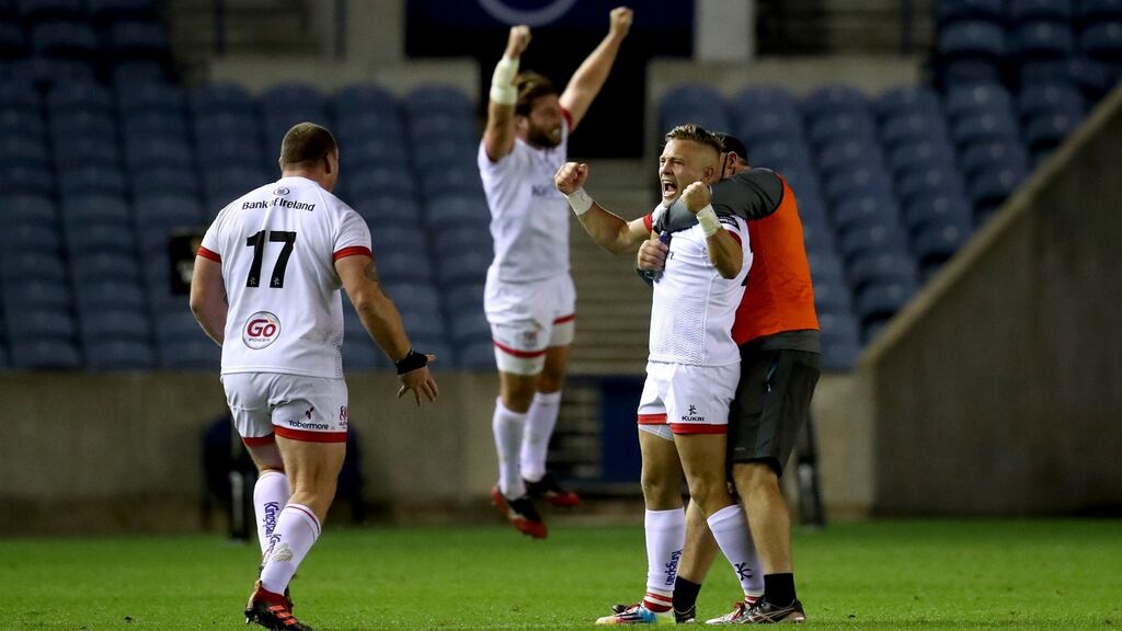 Ulster’s Ian Madigan celebrates his team’s comeback win in Edinburgh. Photograph: PA