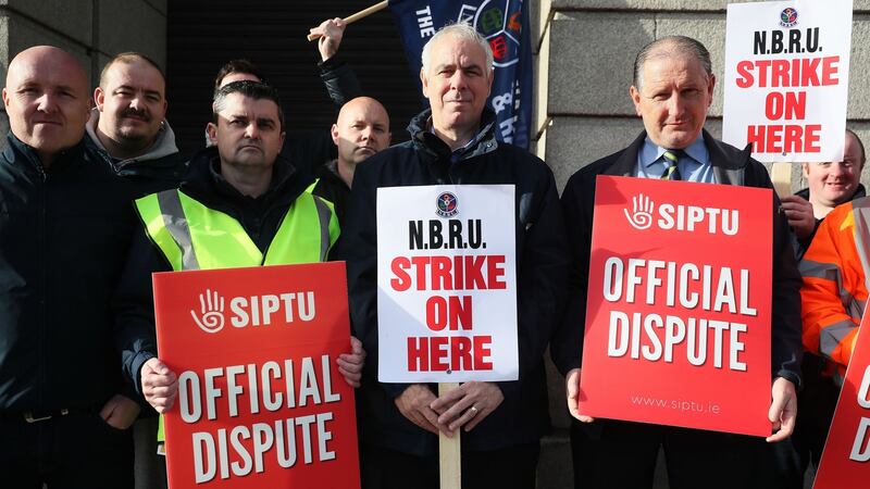 Train drivers and rail workers picket outside Heuston Station, Dublin, during a strike by Irish Rail train drivers over pay and conditions. Photograph: PA