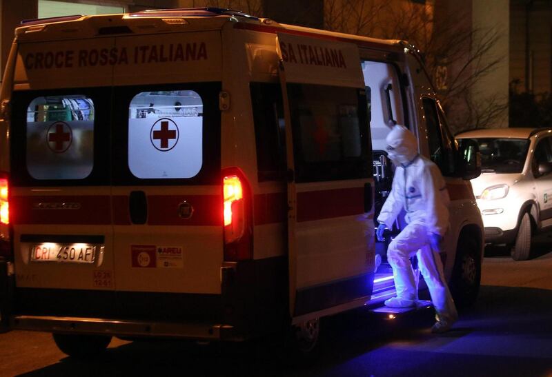 An ambulance that transported one of the six people infected by Coronavirus to the Sacco Hospital in Milan, Italy. Photograph: Matteo Bazzi/EPA.