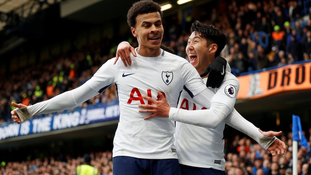 Tottenham’s Dele Alli celebrates scoring their second goal with Son Heung-min during the Premier League game against Chelsea at Stamford Bridge. Photograph: Peter Nicholls/Reuters