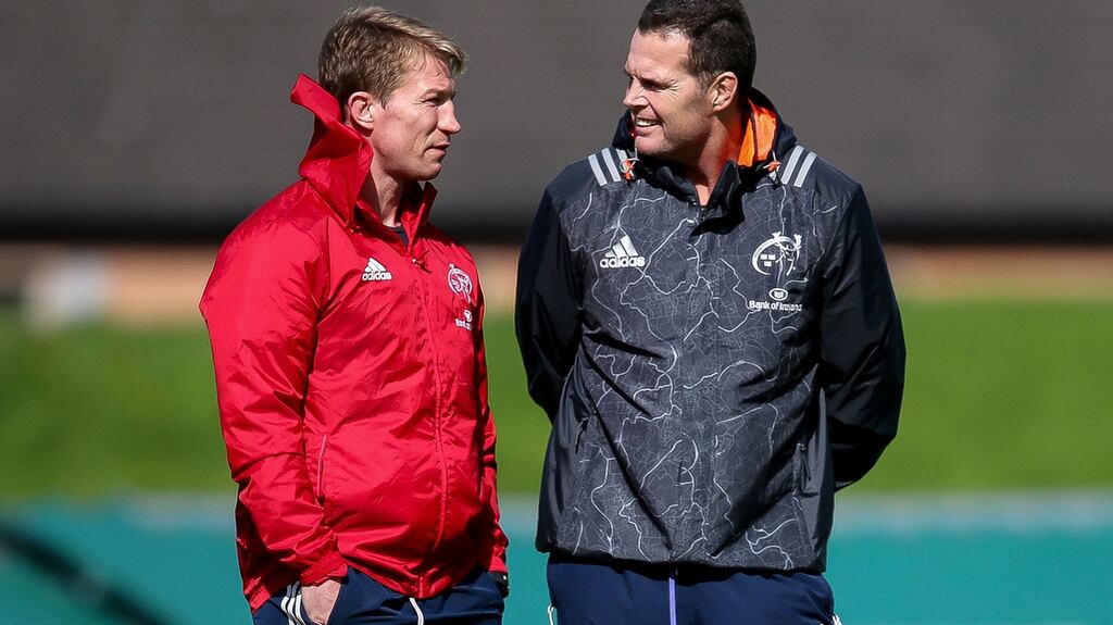 Munster scrum coach Jerry Flannery with head coach Rassie Erasmus during training at UL. Photograph: Bryan Keane/Inpho